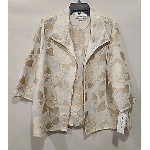 Caroline Rose NWT Floral Jacquard A-Line Jacket Womens L Ivory/Beige Open Front